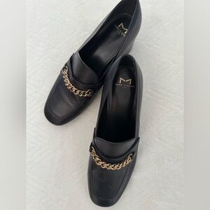 Marc Fisher Black Leather Shoes with Gold Logo classic chunky heel